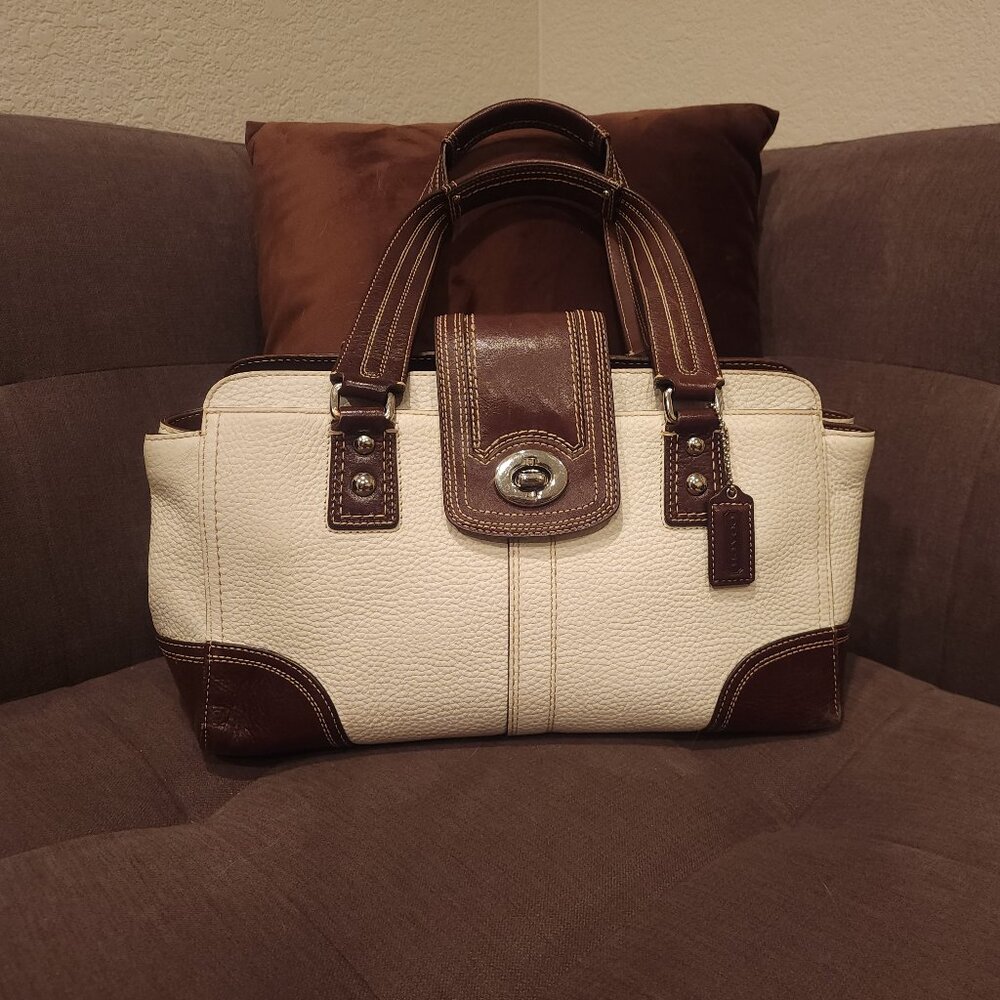 Coach Hamilton Pebbled White Leather w/ Brown Trim Turnkey Satchel MSRP $328